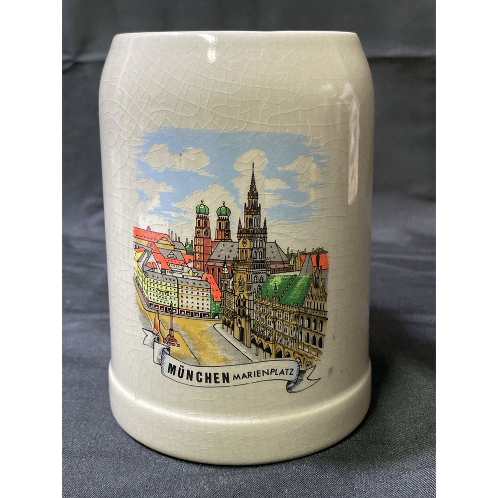 Vintage Munich Marienplatz Ceramic Beer Stein Mug Craquelure Germany